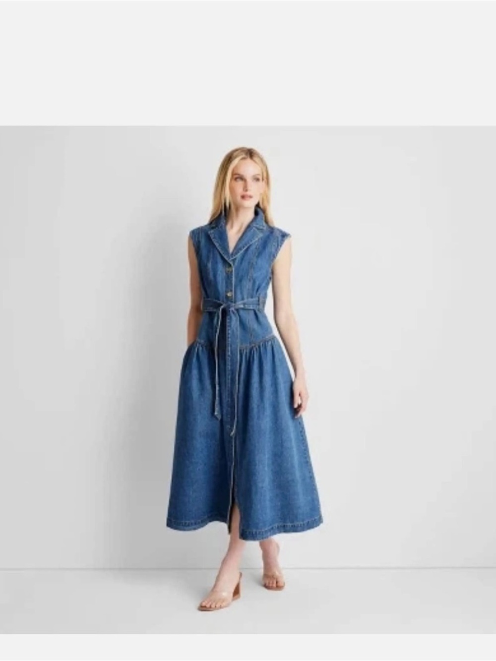 Sleeveless Blue Denim Maxi Dress with Tie Waist